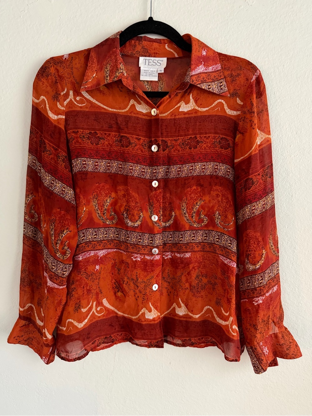 Vintage TESS 100% Silk Paisley Button Front Blouse